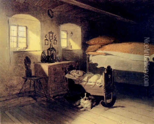Bauernstube Mit Schlafendem Wiegenkind Oil Painting - Johann Matthias Ranftl