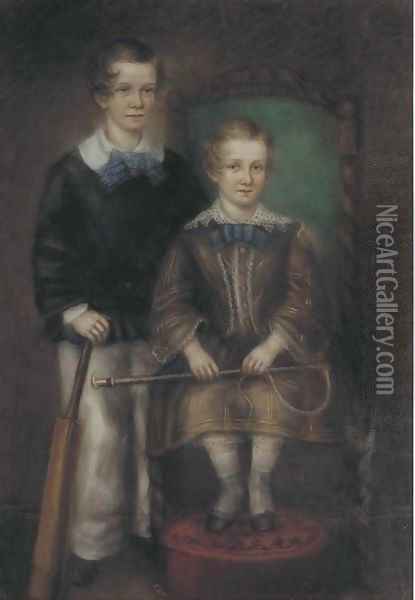 Portrait of a boy, with a cricket bat, standing by his sister, holding a riding whip Oil Painting - English School