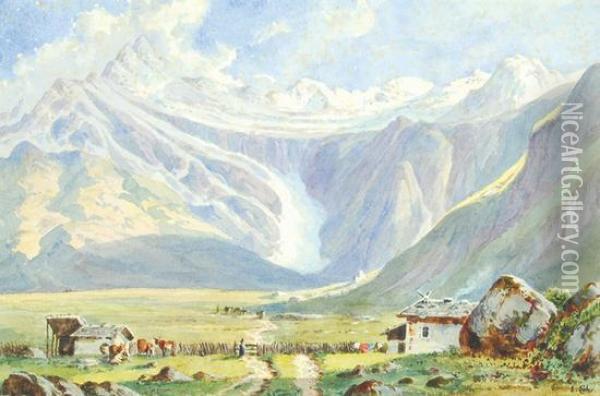 Alpine Landscape With A Glacier At The Head Ofa Valley Oil Painting - Emil Lohr