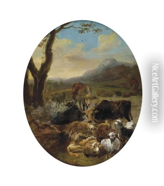 A Wooded Mountainous Landscape With Cattle And Sheep At Rest, A Drover Beyond Oil Painting - Adam de Colonia