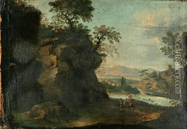 Travellers By A Cave In An Extensivelandscape Oil Painting - Pandolfo Reschi