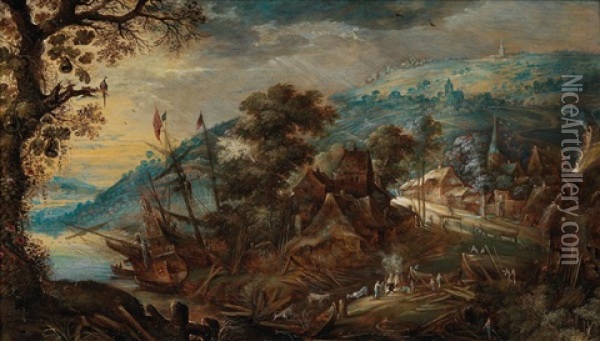A Wooded Mountainous Landscape With A Shipyard Oil Painting - Kerstiaen de Keuninck