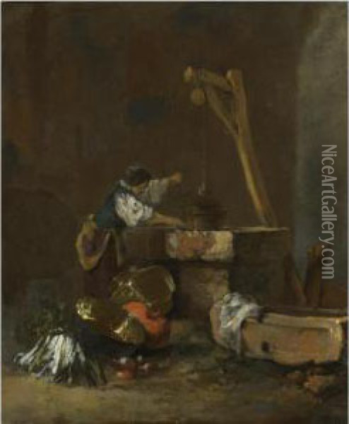 A Woman Pulling Water From A Well, A Pile Of Vegetables At Herfeet Oil Painting - Willem Kalf