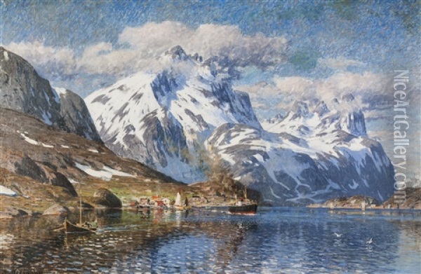 Fishing Village In Lofoten With People And Steamboat Oil Painting - Adelsteen Normann