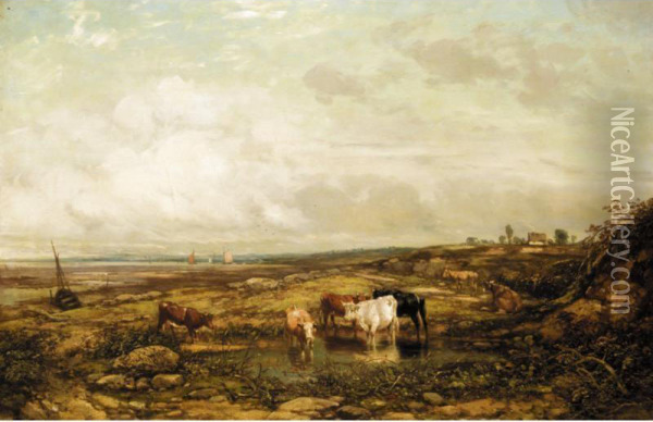 Cattle Watering By The Coast Oil Painting - William Carter