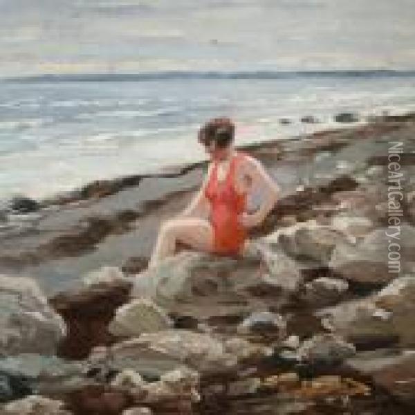 Coastal Scenery With A Woman In A Red Swimsuit Oil Painting - Paul-Gustave Fischer