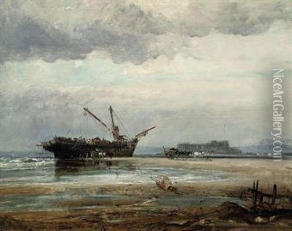 Salvaging The Wreck At Low Tide Oil Painting - Richard Beavis