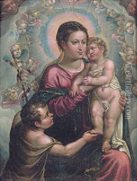 The Madonna And Child With The Infant St. John Surrounded By Cherubims And Seraphims Oil Painting - Hendrick De Clerck