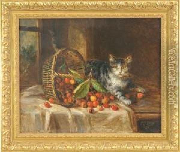 Gatto Con Cesto Di Ciliegie Rovesciate Sul Tavolo Oil Painting - Camille Aime Fr. Wolf