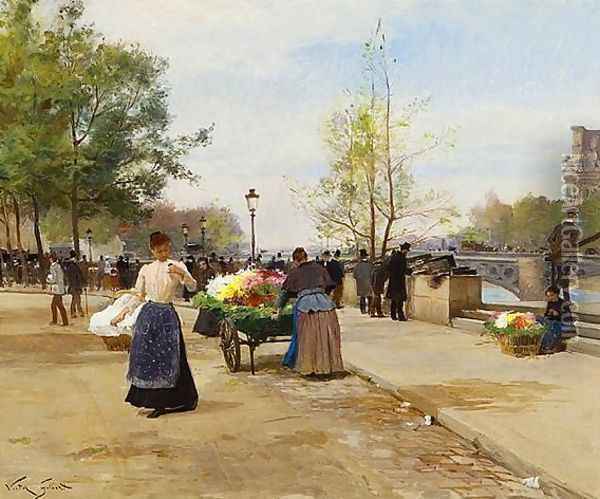 The Flower Sellers by the Pont du Louvre Oil Painting - Victor-Gabriel Gilbert