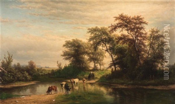 Landscape W/ Cows Oil Painting - Hendrik Dirk Kruseman van Elten