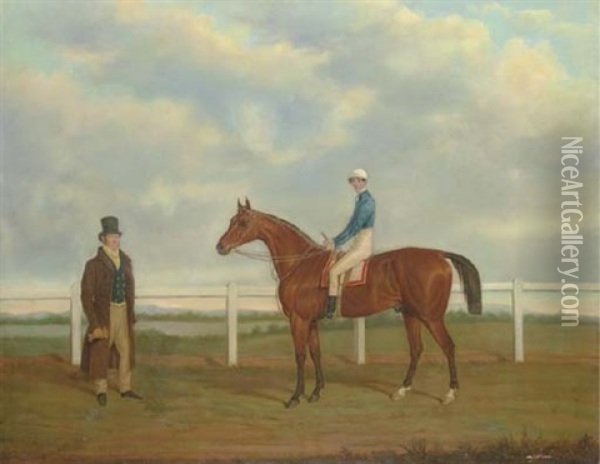 A Bay Racehorse With Jockey Up, And His Owner, On A Racecourse Oil Painting - James Loder Of Bath
