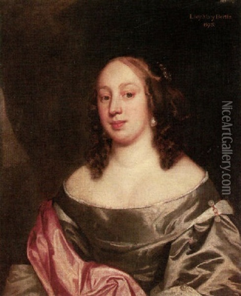 Portrait Of Lady Mary Bertie Wearing A Grey Dress With Red Robes Oil Painting - John Hayls