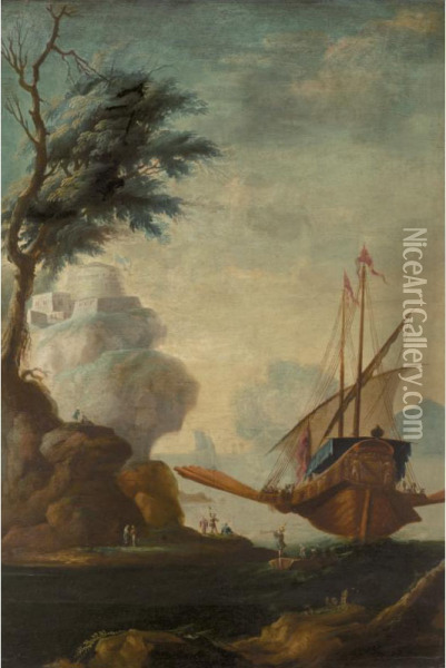 Italianate Coastal Landscape With A State Barge Before A Hill Top Fort Oil Painting - Lorenzo A. Castro