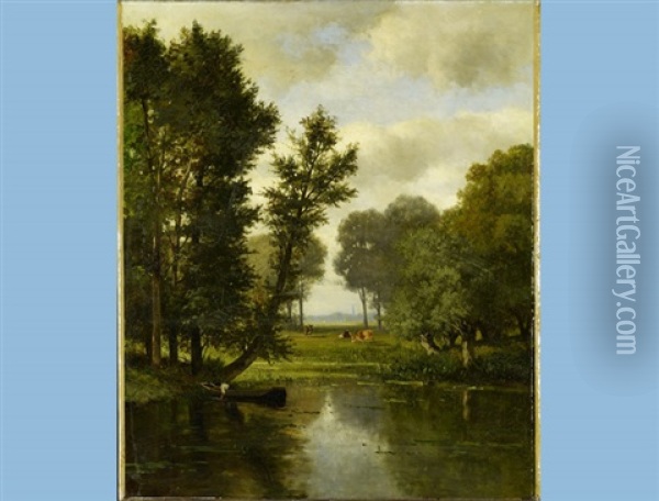 Forest Clearing With Pond And View To Church Tower Oil Painting - Pierre Louis De La Rive