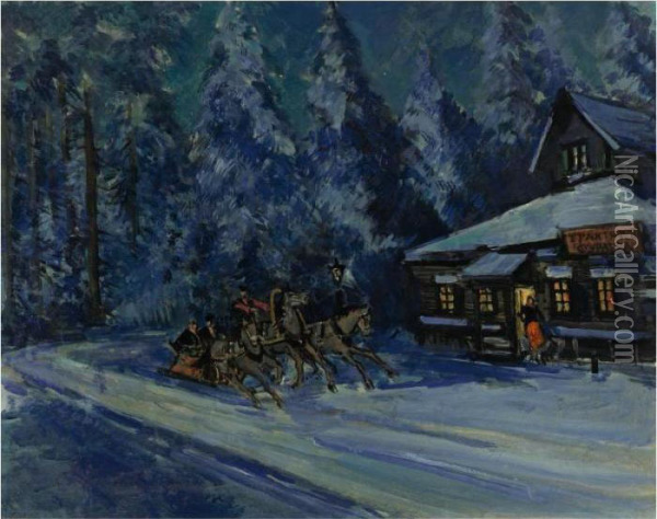 Racing Through The Village, Winter Oil Painting - Konstantin Alexeievitch Korovin
