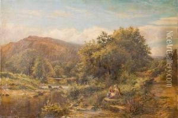 Two Girls Gathering Flowers By A Mountainstream Oil Painting - James Peel