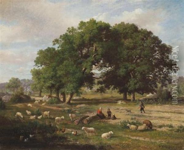 Young Farmers Withtheir Flock Of Sheep In A Country Landscape Oil Painting - Franz van Severdonck
