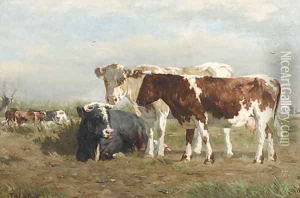 Cows along a ditch Oil Painting - Johannes-Hubertus-Leonardus de Haas