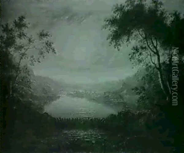 Extensive River Landscape With A                            Waterfall By Moonlight Oil Painting - William Sadler the Elder