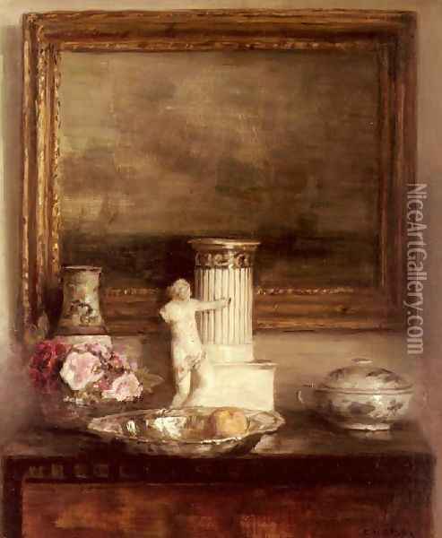 Still Life With Classical Column And Statue Oil Painting - Carl Wilhelm Holsoe