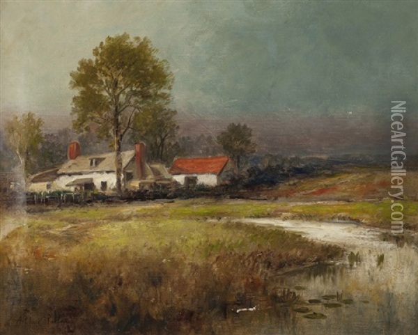 House In A Landscape With Pond Oil Painting - Arthur Parton