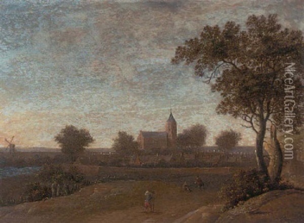 An Extensive Landscape, Travellers On A Path, A Walled Town Beyond Oil Painting - Jacob Van Der Croos