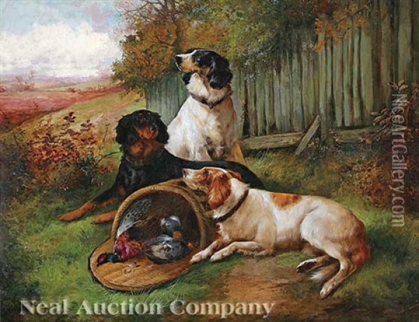 After A Day's Sport: Three Spaniels With A Basket Of Game Oil Painting - John Gifford