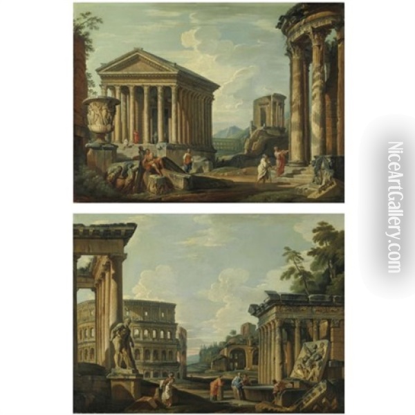 An Architectural Capriccio With Roman Ruins, The Temple Of Antoninus And Faustina, The Colosseum, The Basilica Of Maxentius And The Temple Of Venus (+ An Architectural Capriccio With Roman Ruins, The Temple Of Vesta, The Maison Carree At Nimes, T Oil Painting - Giovanni Paolo Panini