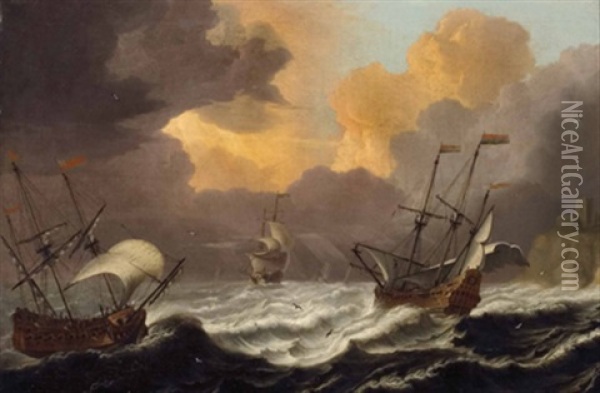 Segelschiffe Auf Sturmischer See Oil Painting - Pieter Coopse