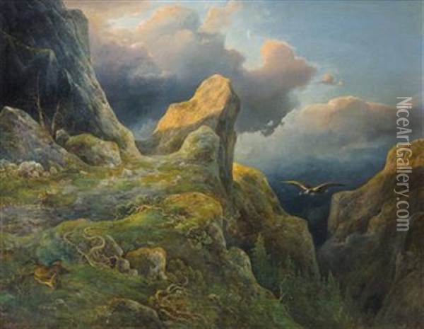 Ankommender Bartgeier In Abendlicher Heroischer Gebirgslandschaft Mit Verungluckter Gemse Oil Painting - Wilhelm Steinfeld