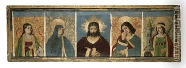 Christ Flanked By Saint Margaret Of Cortona, The Virgin, Saint John And Saint Barbara Oil Painting - Bartolome (de Cardenas) Bermejo