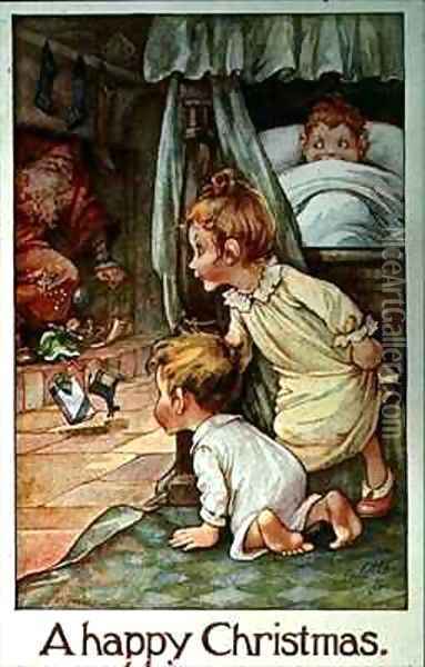 Postcard depicting Father Christmas and the Children's Stockings Oil Painting - A.L. Bowley