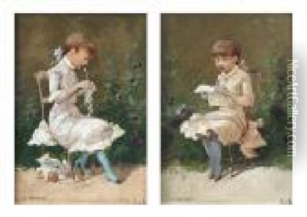 La Lectureet Le Crochet Oil Painting - Luigi Loir