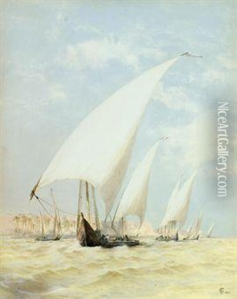 Feluccas On The Nile In A Stiff Breeze Oil Painting - Frederick Goodall