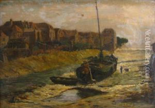 Barge Aground At Low Tide Oil Painting - Friedrich Ernst Morgenstern