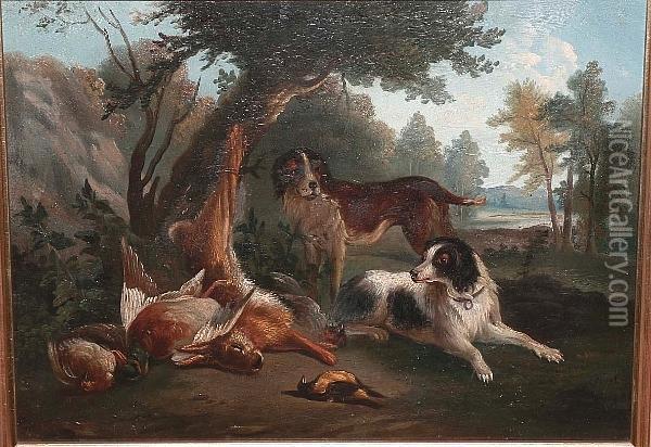 Dogs And Game Before A Landscape Oil Painting - Christophe Huet