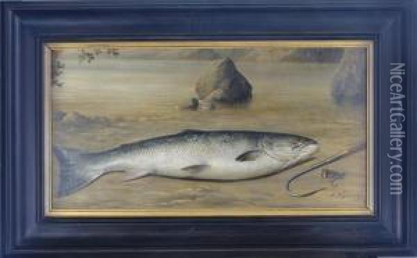 Rainbow Trout With Hook And Line Oil Painting - Arnoud Wydeveld