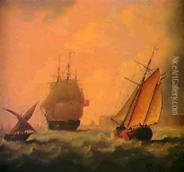 Three Masted British Ship With                              Dutch And Other Shipping Oil Painting - Thomas Buttersworth