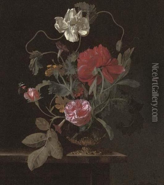 Roses, Poppies And Convolvulus In An Urn On A Stone Ledge, With A Red Admiral Butterfly Oil Painting - Abraham De Lust