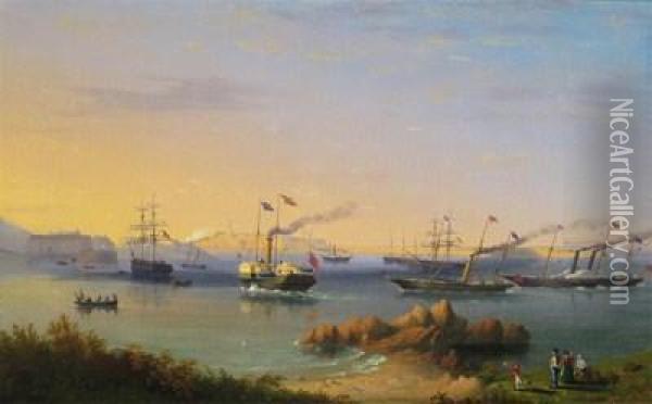 The Arrival Of Queen Victoria 
And Prince Albert On The Royal Yacht In 1854 For The Official Opening Of
 The New Harbour At Alderney Oil Painting - Philip John Ouless