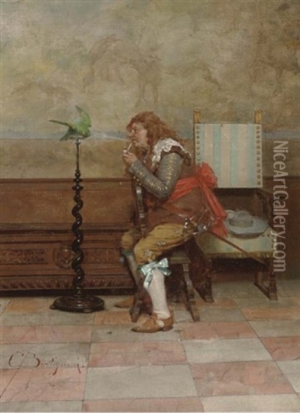 An Unwilling Smoker Oil Painting - Giuseppe Bortignoni the Elder