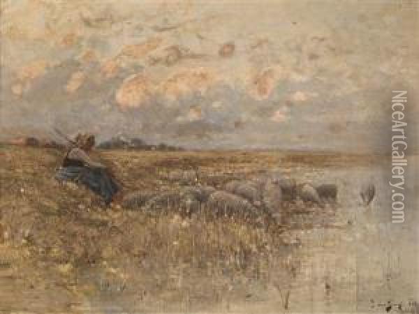 Flock Of Sheep And Shepherds At The Lakeside Oil Painting - Bela Von Spanyi