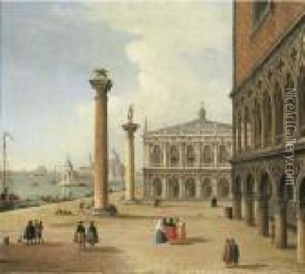 The Piazzetta And The Libreria Di San Marco, Venice, Santa Maria Della Salute Beyond Oil Painting - Antonio Joli