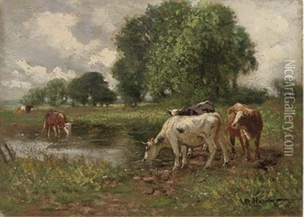 A Grazing Flock (+ Cattle Watering; Pair) Oil Painting - John Rabone Harvey