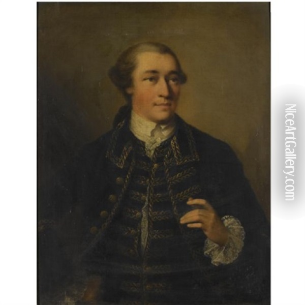 Portrait Of Henry Hanson, Half-length, Wearing A Blue Coat With Gold Brocade Oil Painting - Thomas Frye