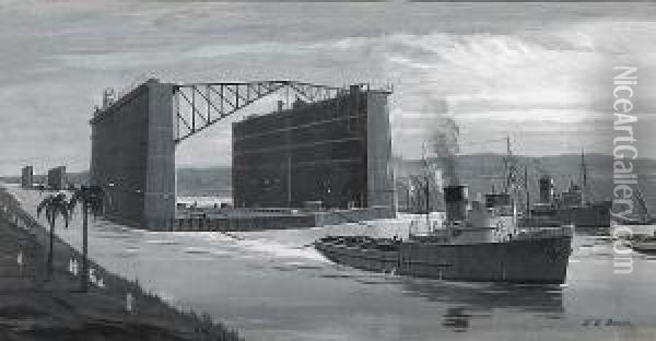 A Giant Floating Dock Passes Through The Suez Canal Oil Painting - Else Von Beck