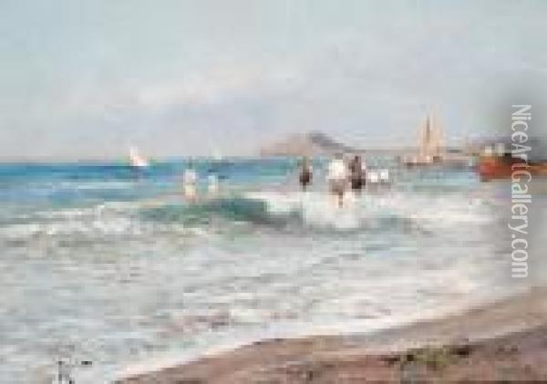 Figures Paddling On A Beach With Fishing Boatsbeyond Oil Painting - Oscar Ricciardi