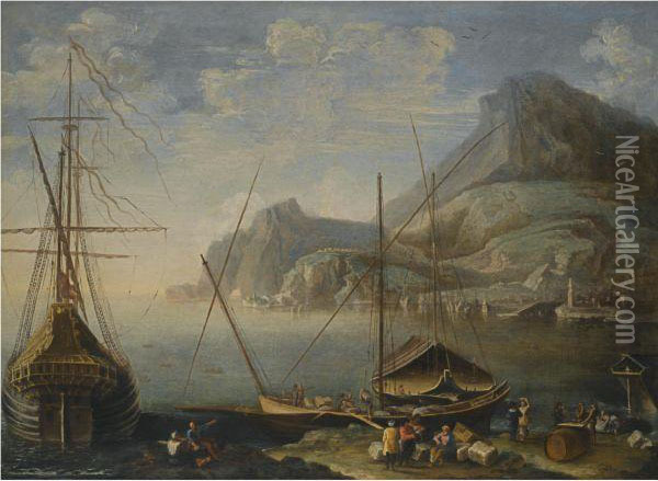 A Mediterranean Coastal Scene With Figures Unloading Cargo From Boats In The Foreground Oil Painting - Agostino Tassi
