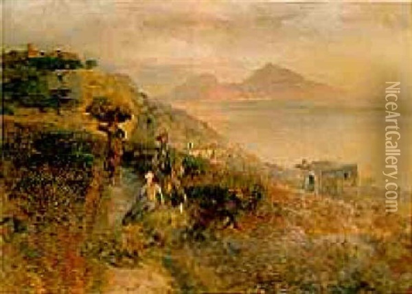 Figures On A Path Overlooking The Italian Coast Oil Painting - Oswald Achenbach